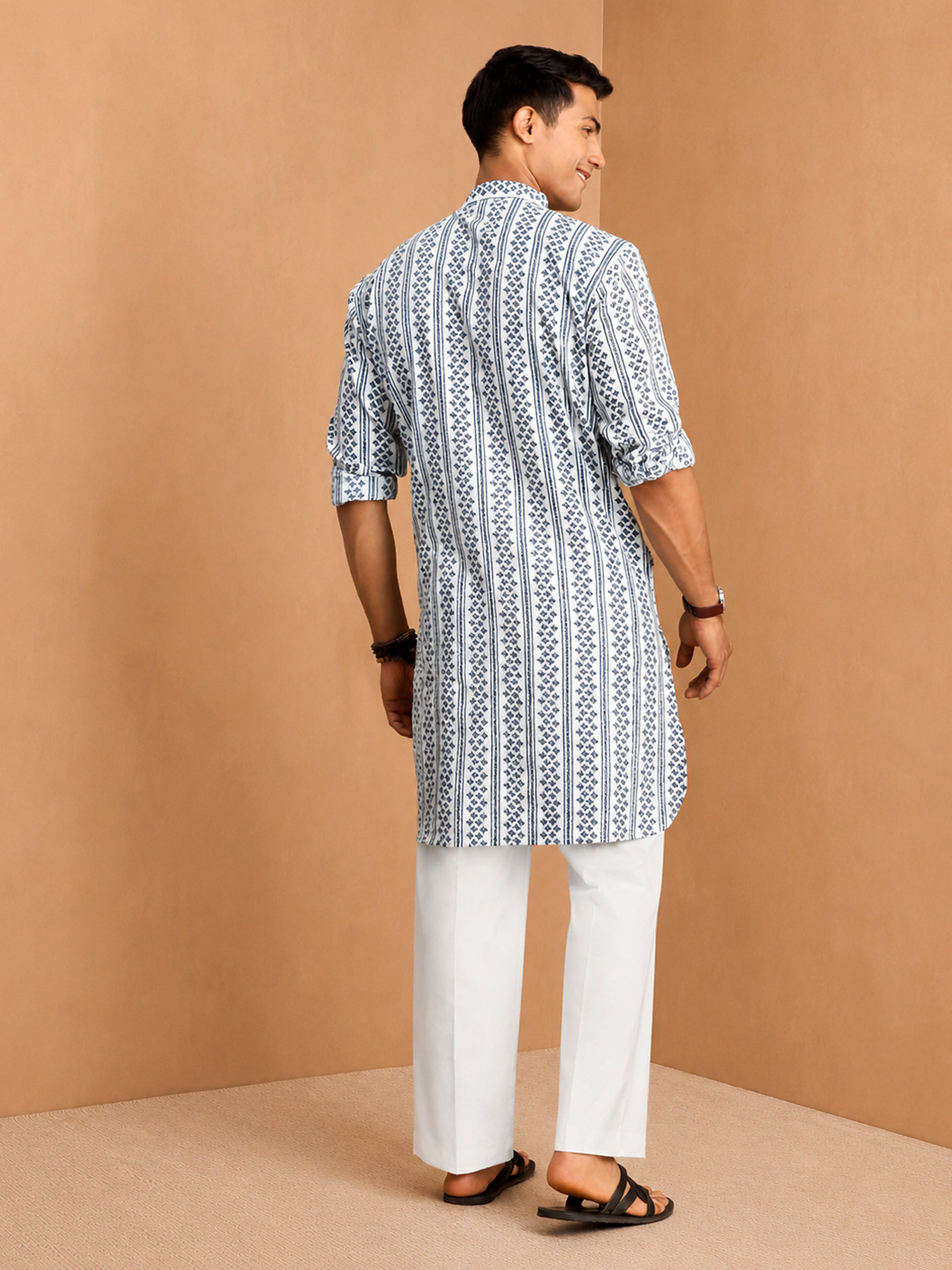 Men's White Printed Knee Length Kurta Pant Set with Wide Leg Pant
