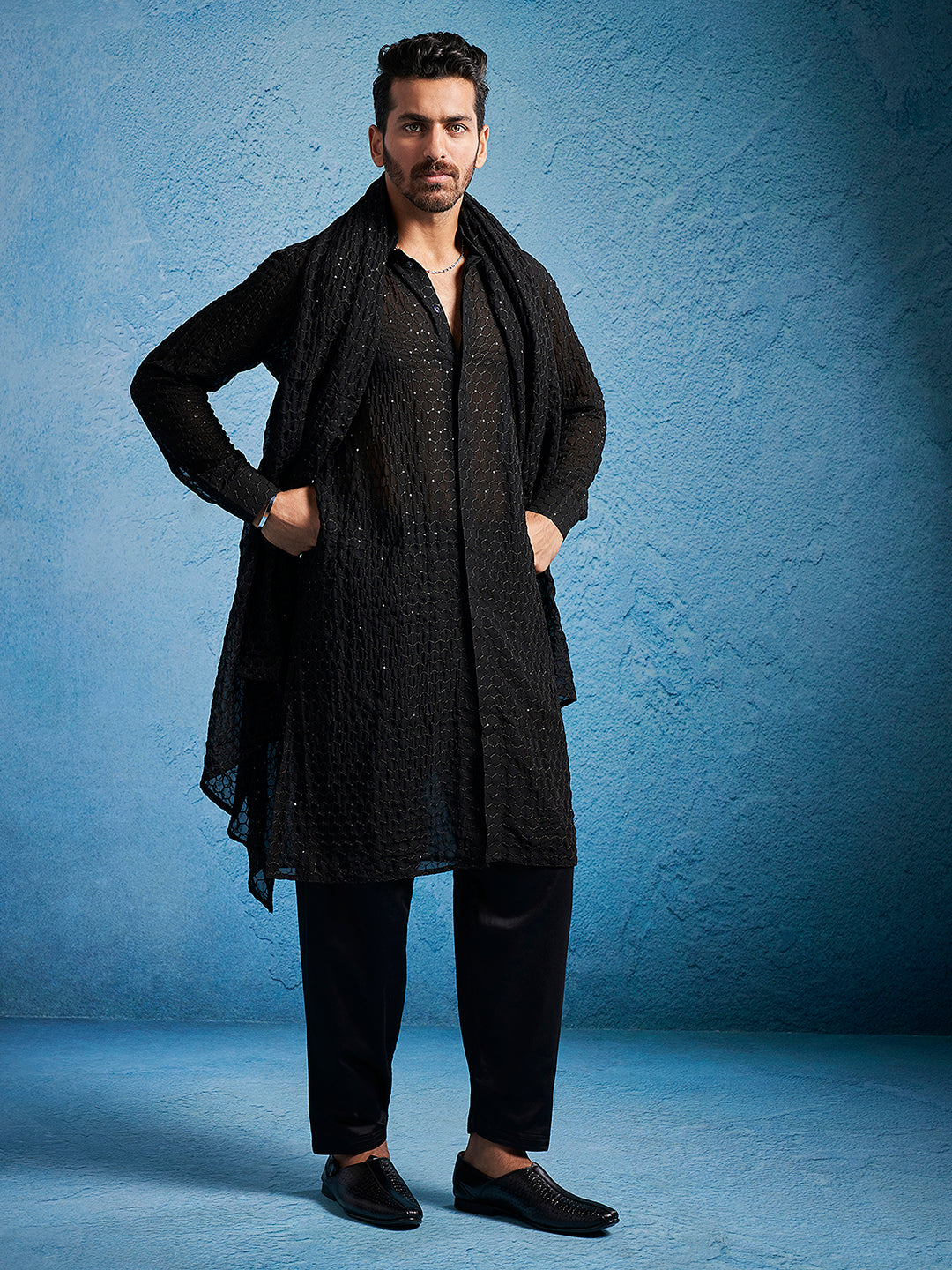 Men's Black Georgette Kurta, Pyjama & Dupatta Set