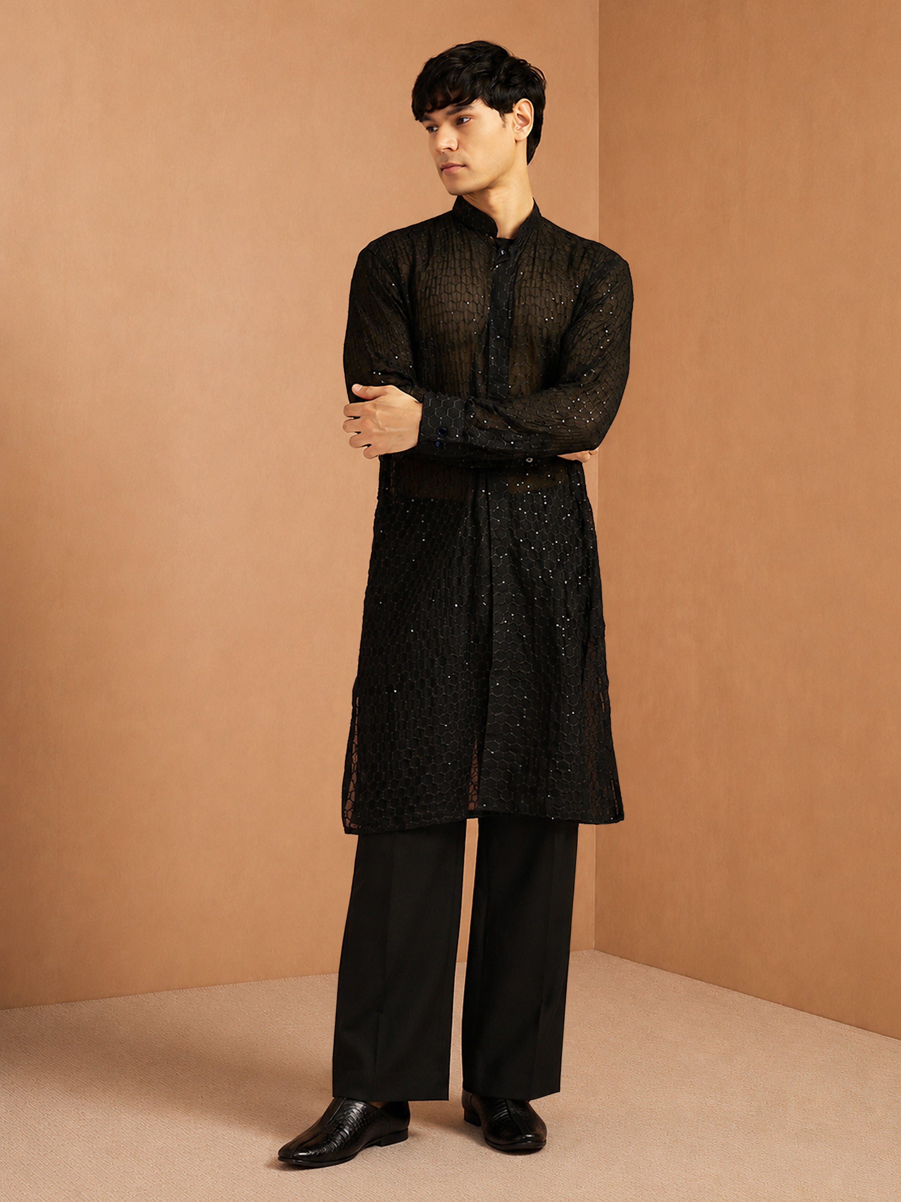 Men's Black Embroidered, Sequin Knee Length Kurta Pant Set with Wide Leg Pant