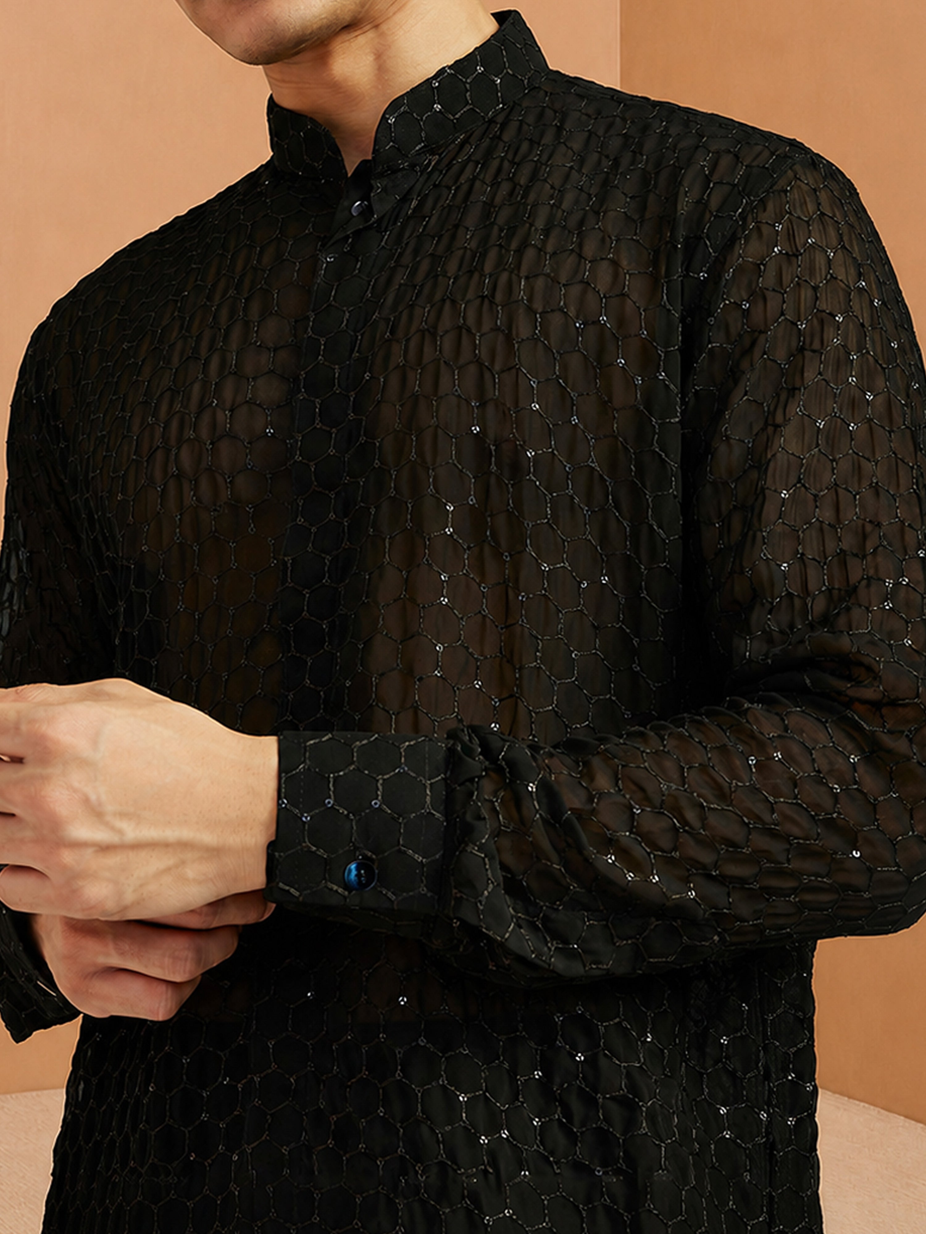Men's Black Sequined Embroidered Net Kurta Pant Set