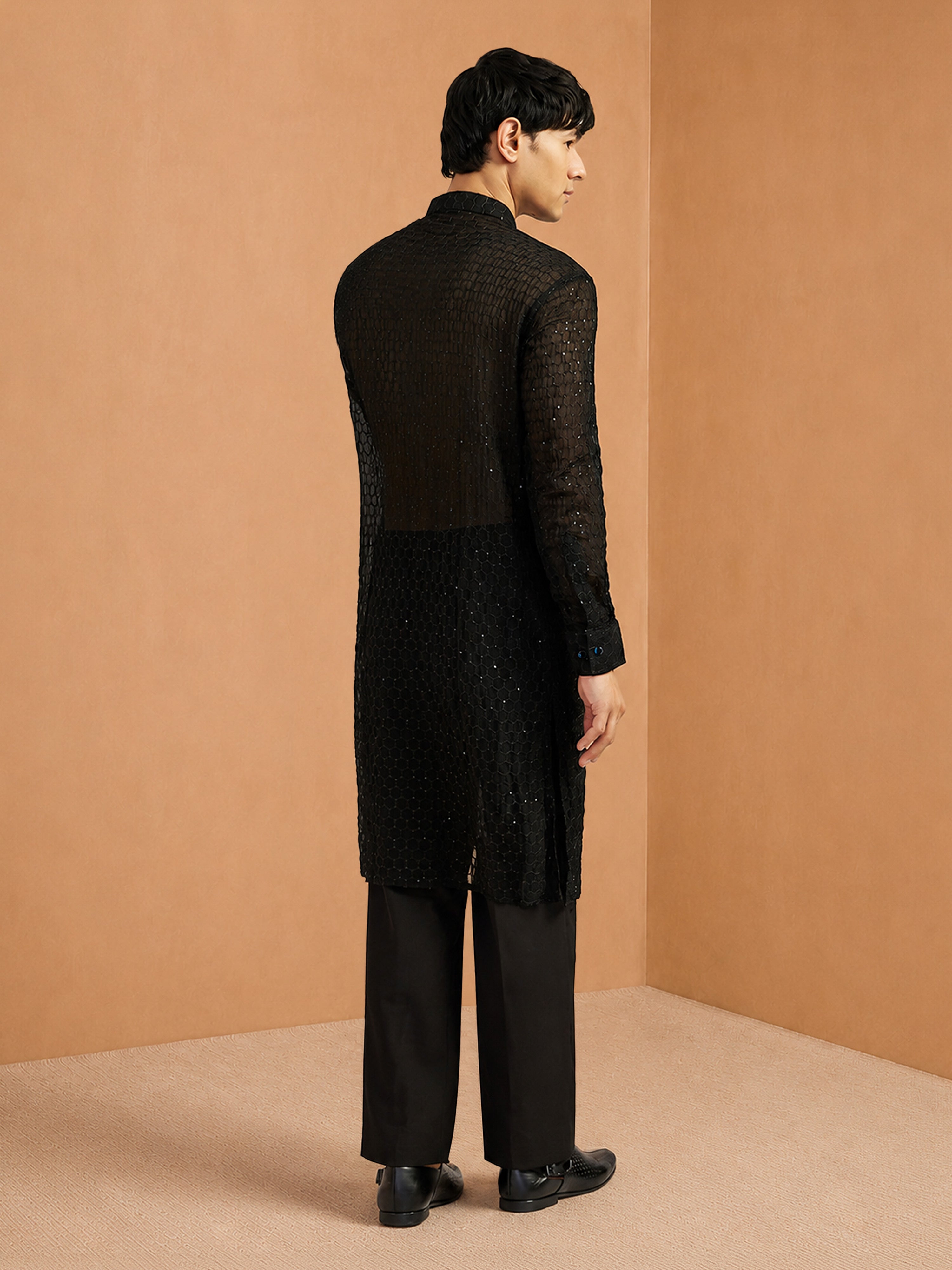 Men's Black Embroidered, Sequin Knee Length Kurta Pant Set with Wide Leg Pant
