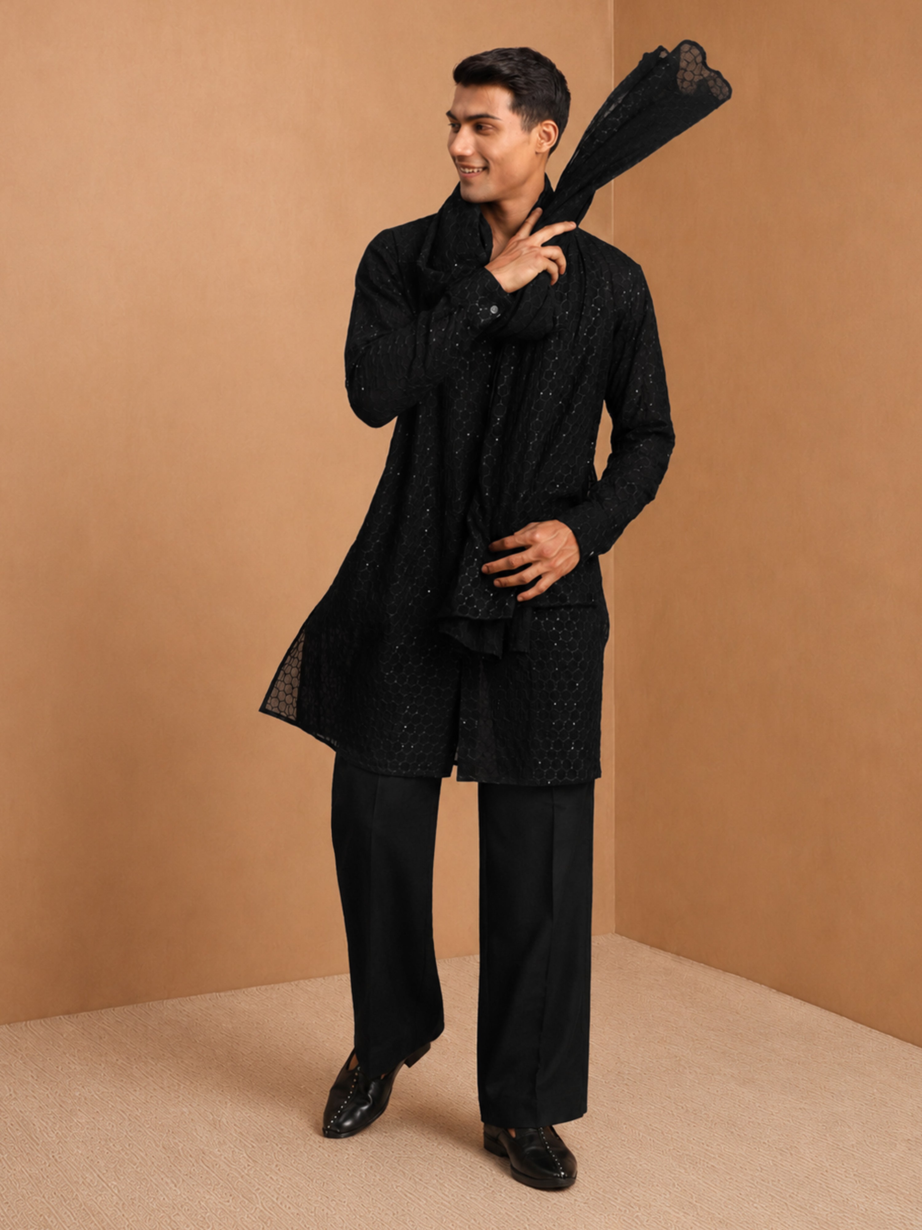 Men's Black Embroidered, Sequin Knee Length Kurta Pant Set with Wide Leg Pant