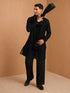 Men's Black Embroidered, Sequin Knee Length Kurta Pant Set with Wide Leg Pant