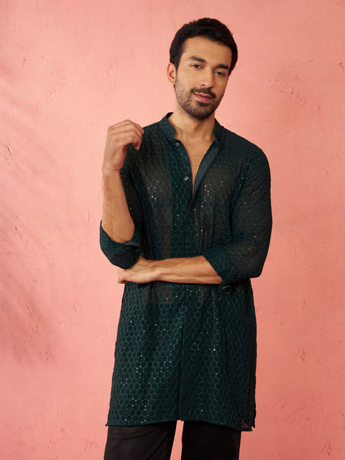 Men's Bottle Green Georgette Mid Kurta