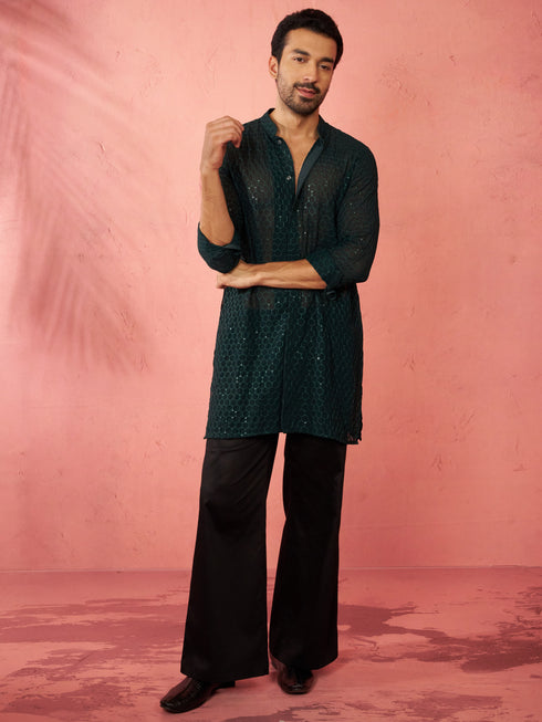 Men's Bottle Green Georgette Mid Kurta