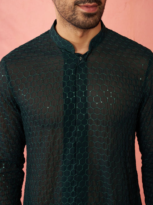 Men's Bottle Green Georgette Embroidered Kurta with Black Satin Palazzo Pant Set