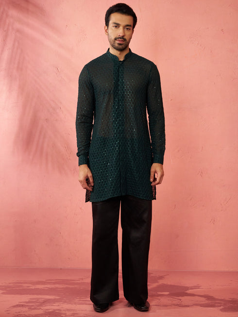 Men's Bottle Green Georgette Embroidered Kurta with Black Satin Palazzo Pant Set
