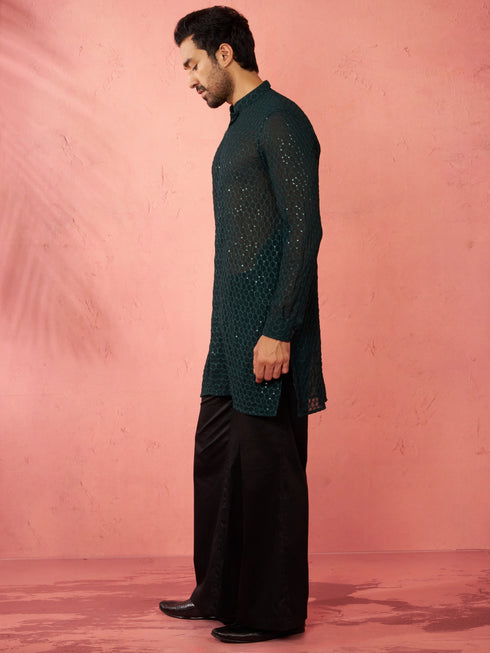 Men's Bottle Green Georgette Embroidered Kurta with Black Satin Palazzo Pant Set