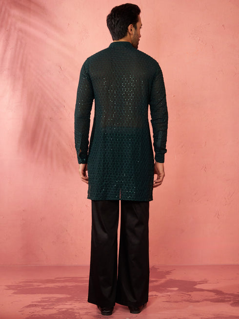 Men's Bottle Green Georgette Embroidered Kurta with Black Satin Palazzo Pant Set