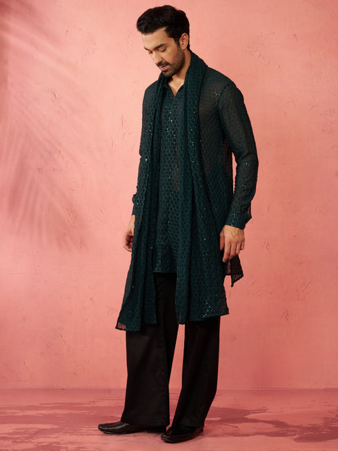 Men's Complete Bottle Green Kurta Set with Pant and Dupatta