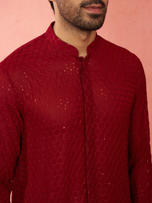 Men's Maroon Georgette Mid Kurta