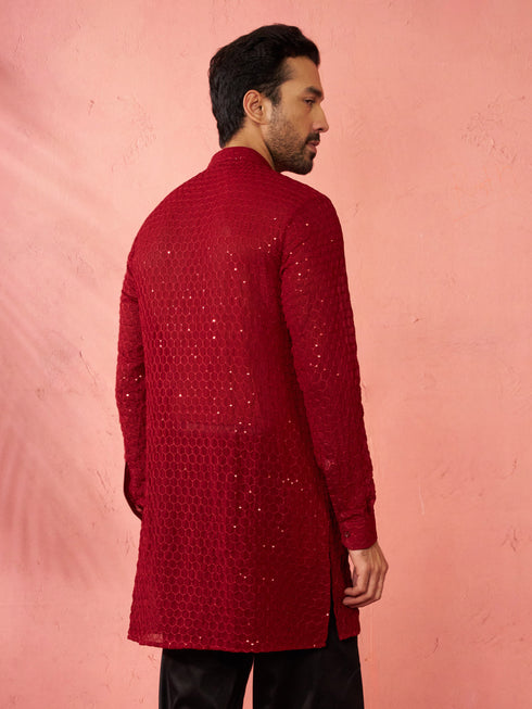 Men's Maroon Georgette Mid Kurta