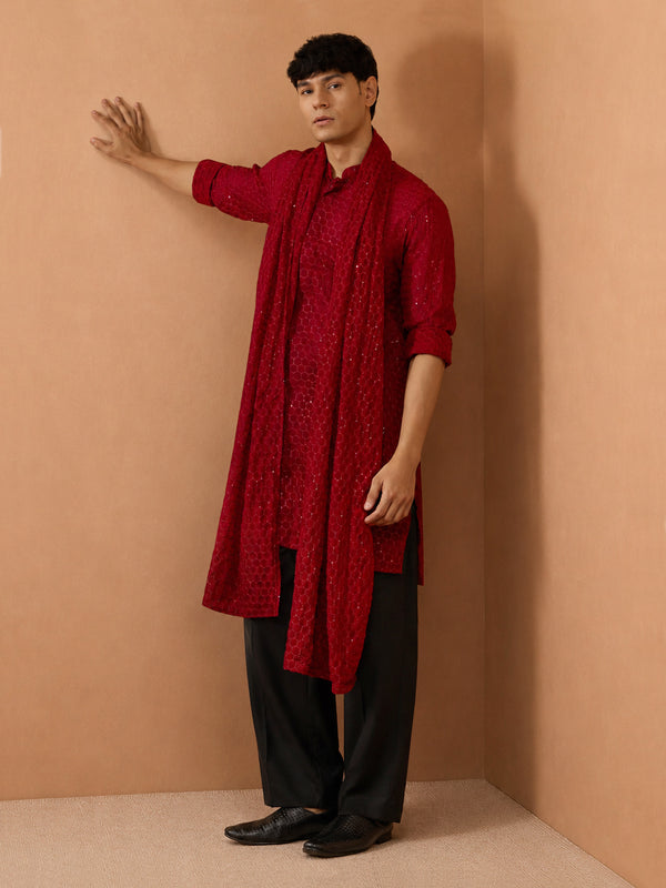 Men's Maroon Embroidered, Sequin Knee Length Kurta Pant Set with Wide Leg Pant
