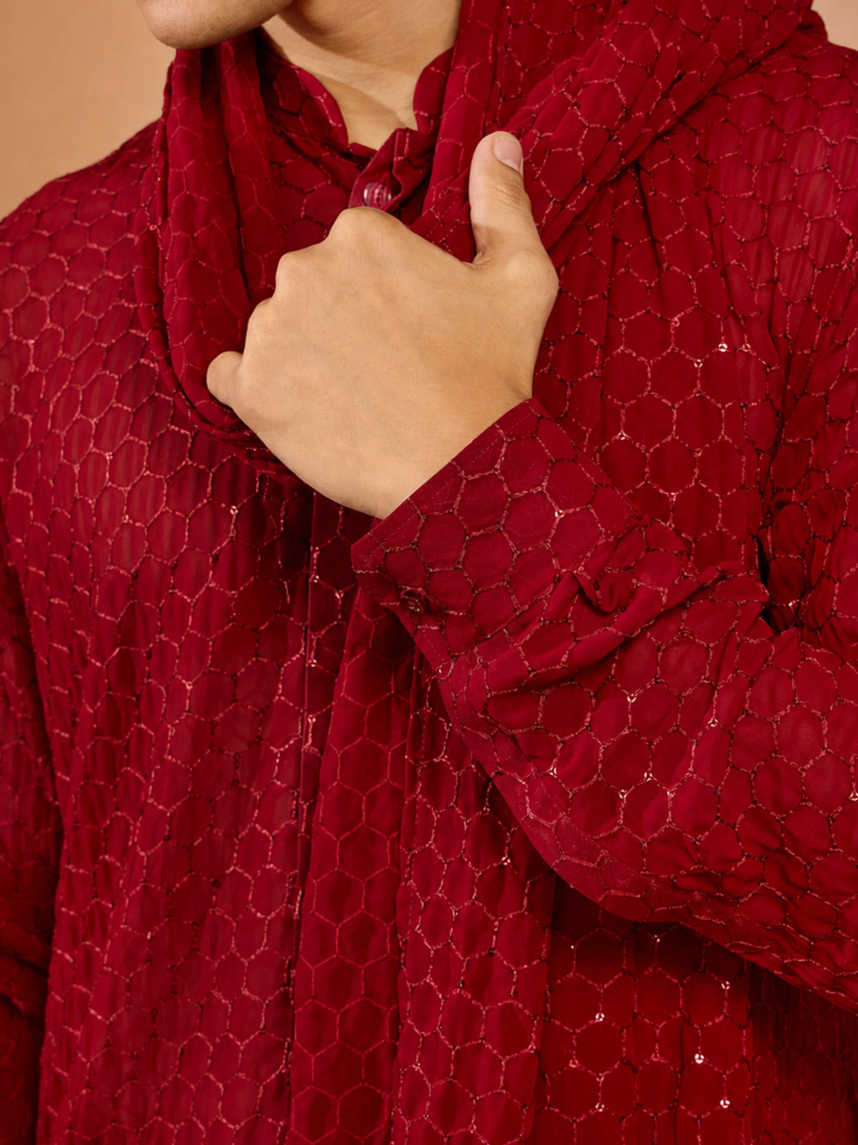 Maroon Embroidered Men's Kurta Pant Set with Stole