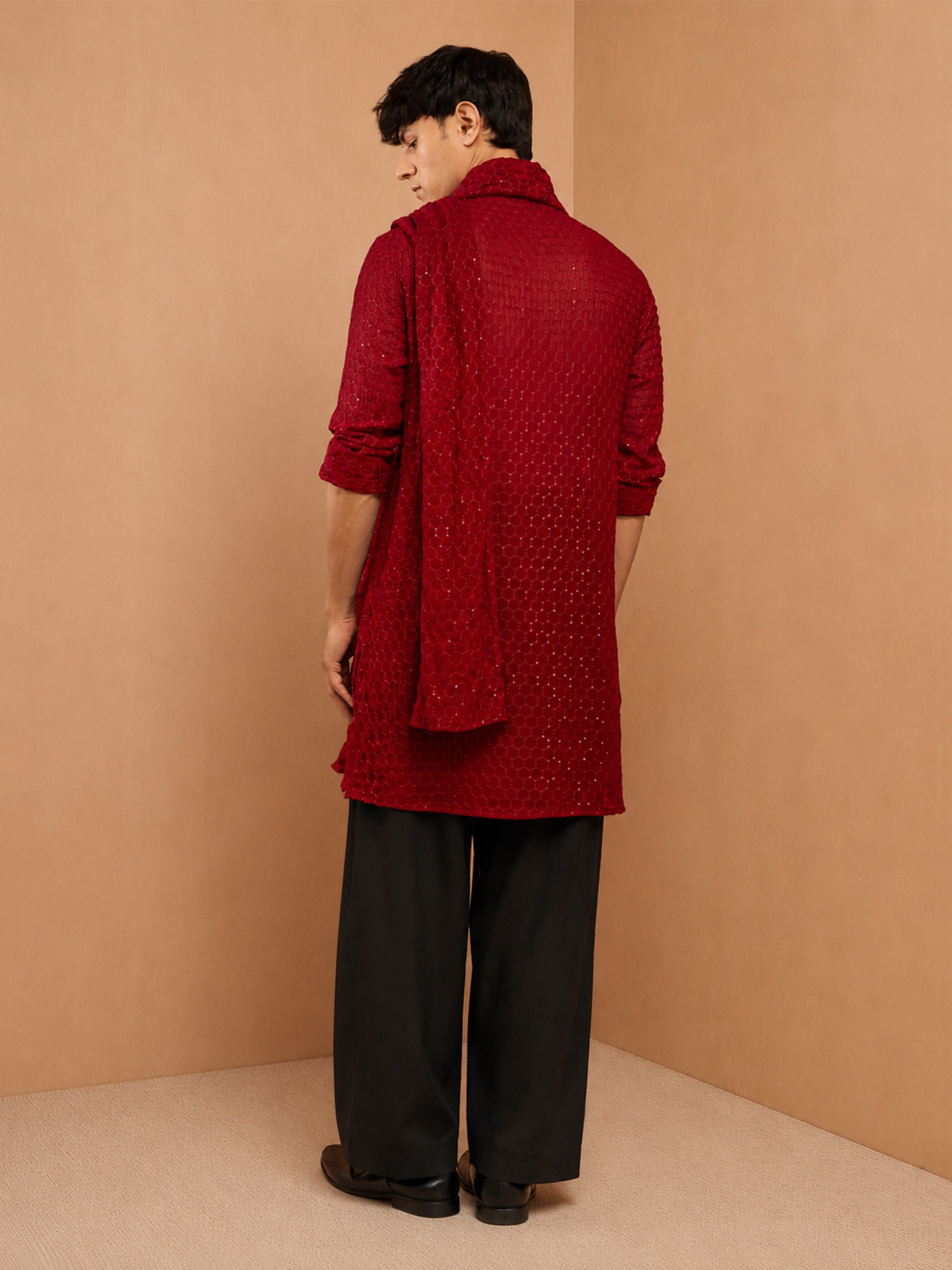 Men's Maroon Embroidered, Sequin Knee Length Kurta Pant Set with Wide Leg Pant