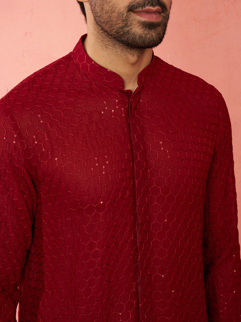 Men's Maroon Georgette Embroidered Kurta with Black Satin Palazzo Pant Set