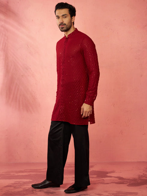 Men's Maroon Georgette Embroidered Kurta with Black Satin Palazzo Pant Set