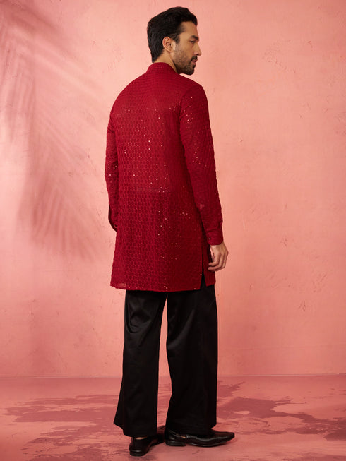Men's Maroon Georgette Embroidered Kurta with Black Satin Palazzo Pant Set