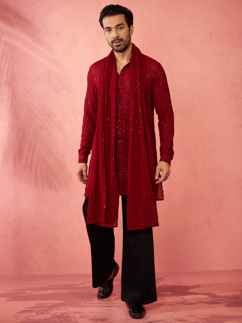 Men's Complete Maroon Kurta Set with Pant and Dupatta