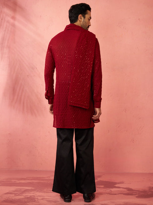 Men's Complete Maroon Kurta Set with Pant and Dupatta