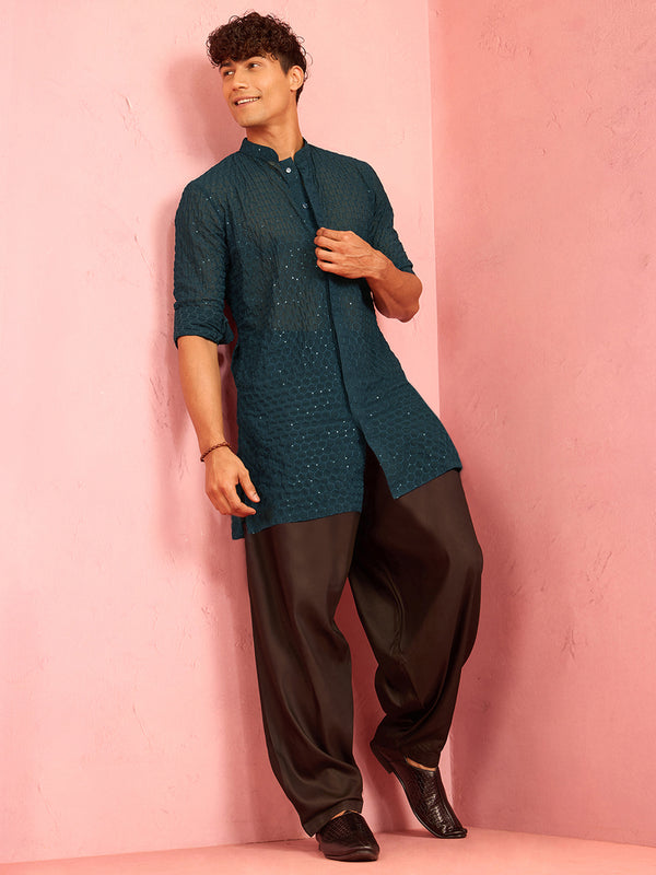 Men's Navy Blue Georgette Embroidered Mid-Length Kurta with Black Patiyala Set