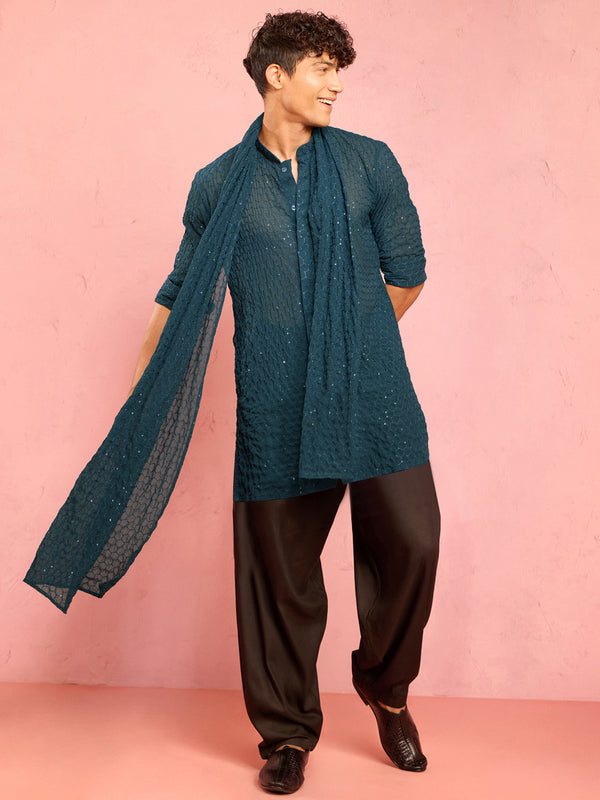Men's Navy Blue Georgette Sequin Embroidered Kurta with Black Patiala & Dupatta Set
