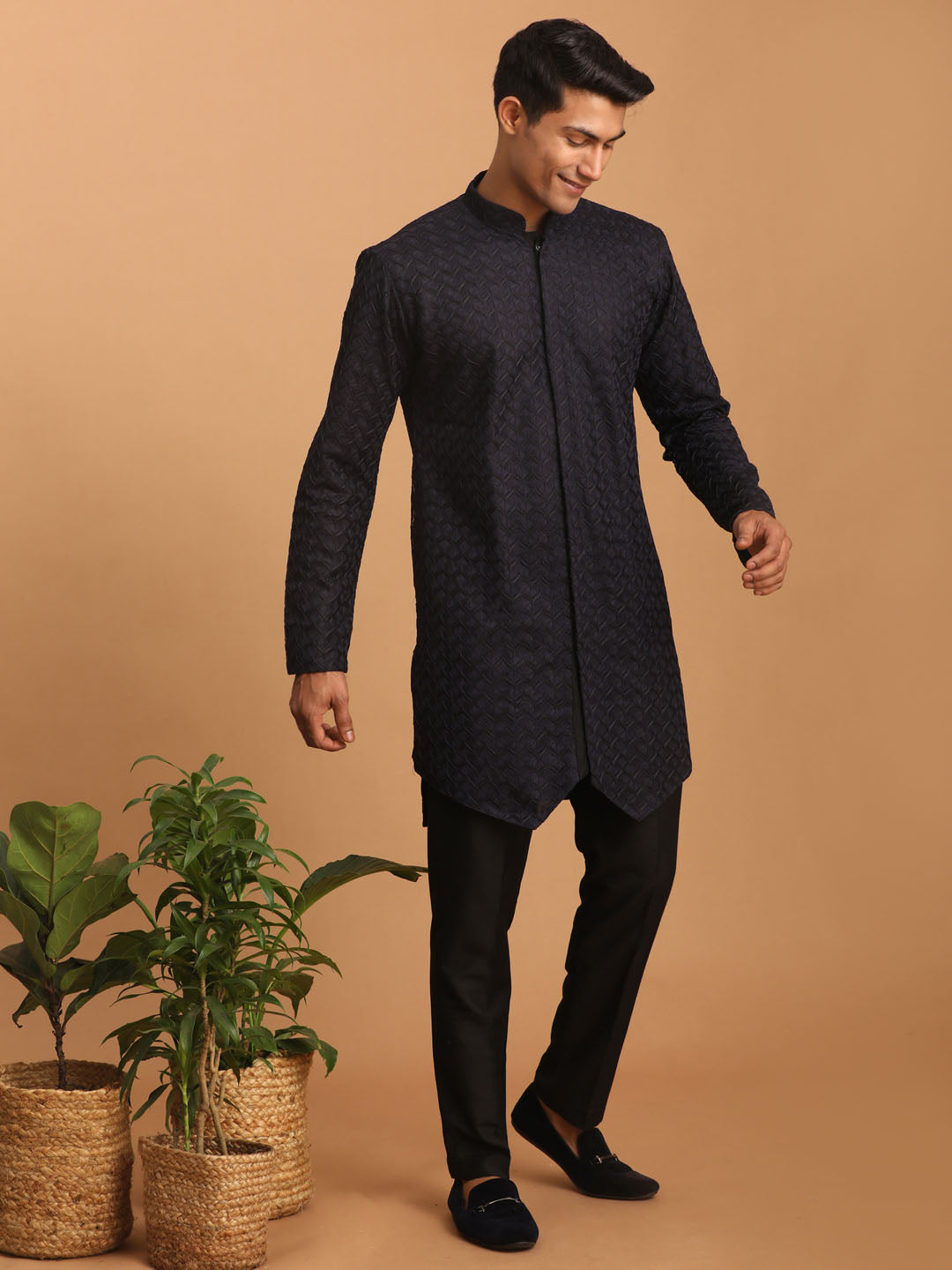Men Black Jacquard Silk Blend Kurta with Black Viscose Pyjama Set