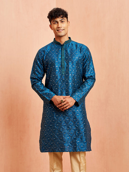 Men's Blue Silk Blend Embellished Kurta