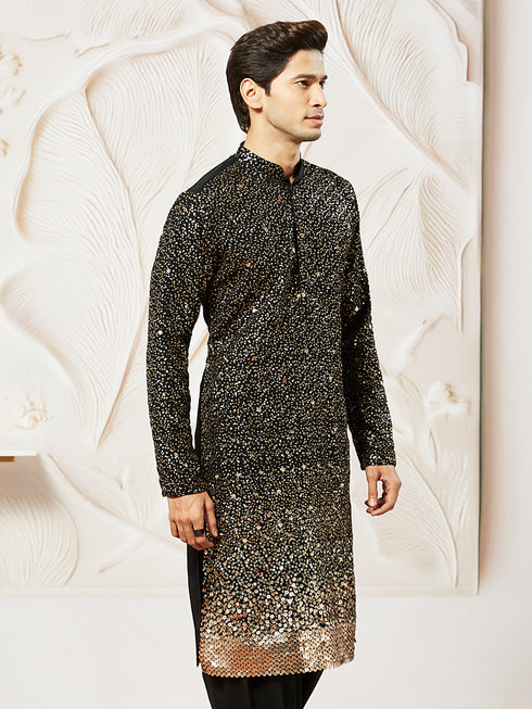 Men's Black Georgette Zari With Sequins Worked Kurta
