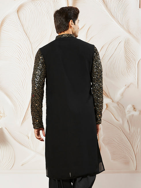 Men's Black Georgette Zari With Sequins Worked Kurta