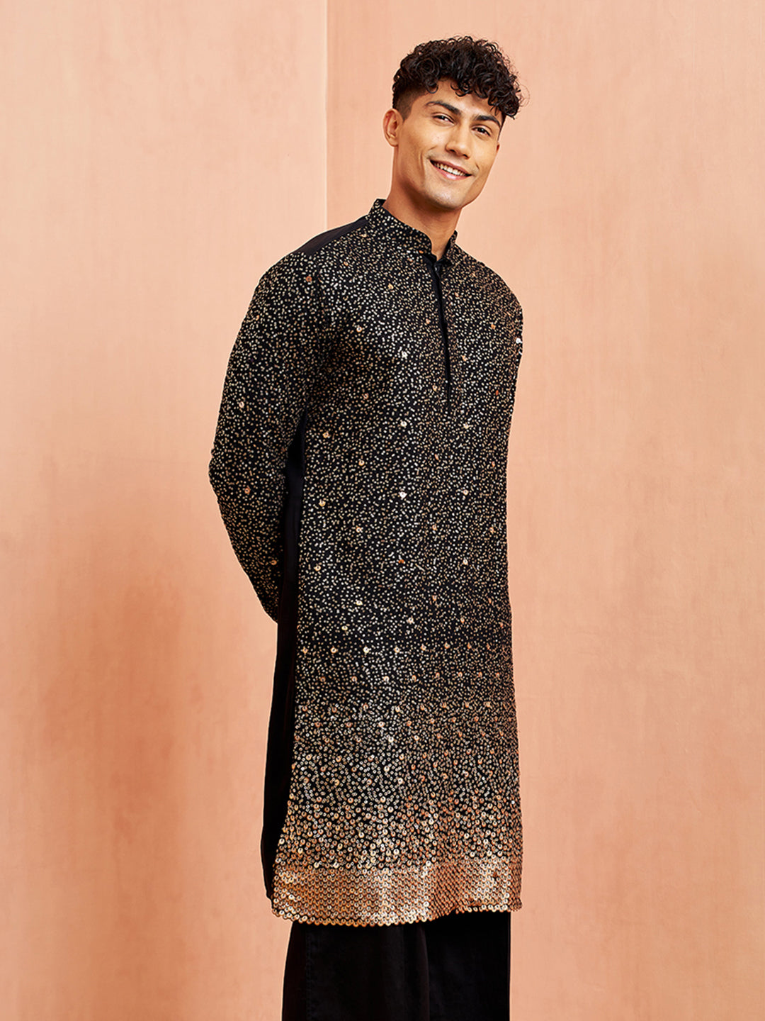 Men's Black Georgette Zari With Sequins Worked Kurta