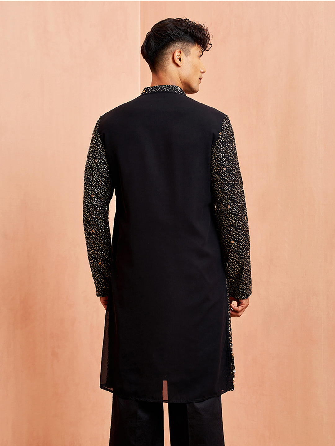 Men's Black Georgette Zari With Sequins Worked Kurta
