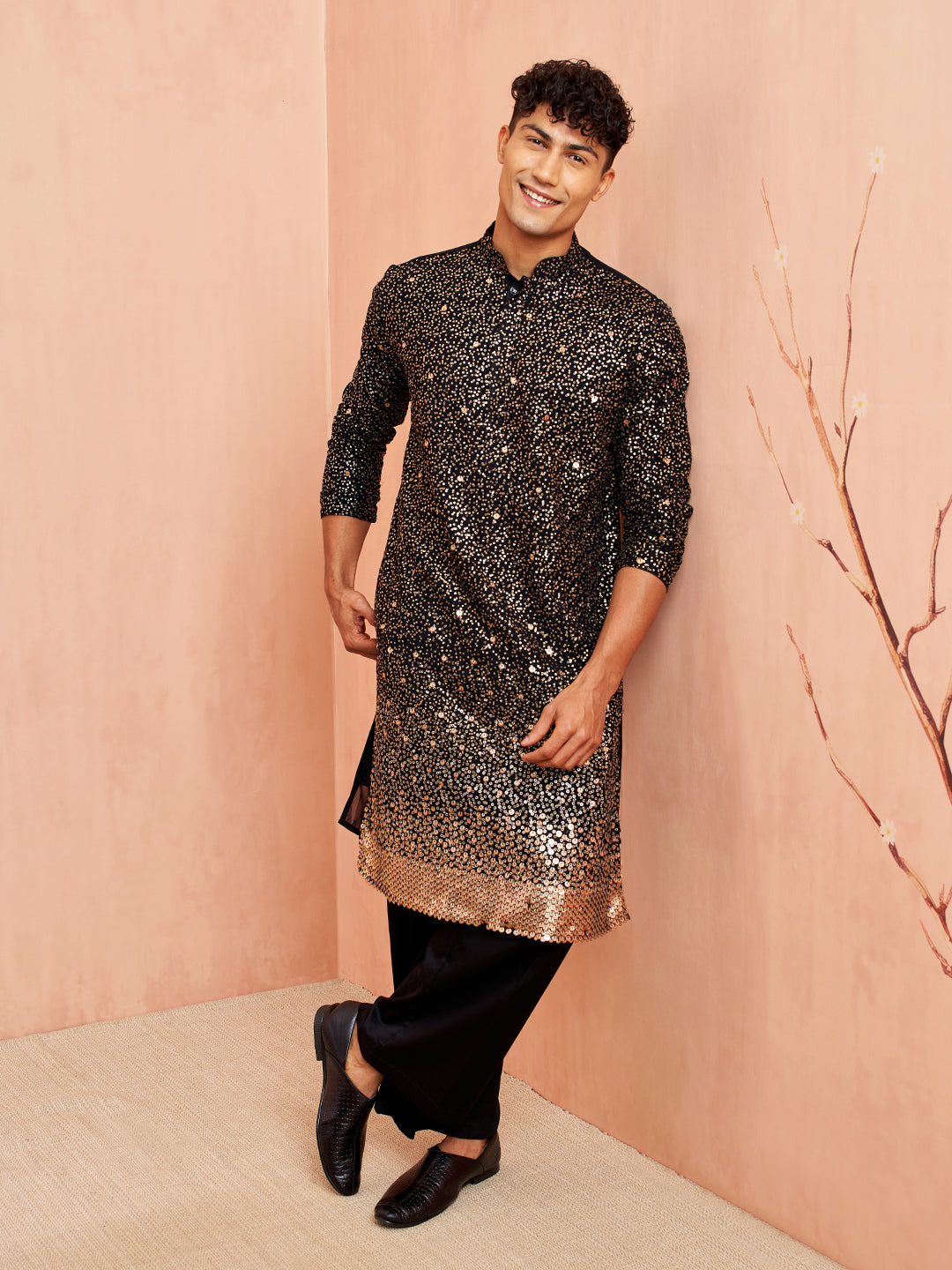 Men's Black Georgette Zari With Sequins Worked Kurta