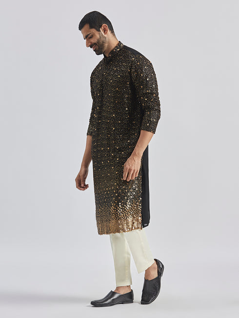 Men's Black And Cream Georgette Kurta Pyjama Set