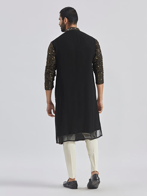 Men's Black And Cream Georgette Kurta Pyjama Set