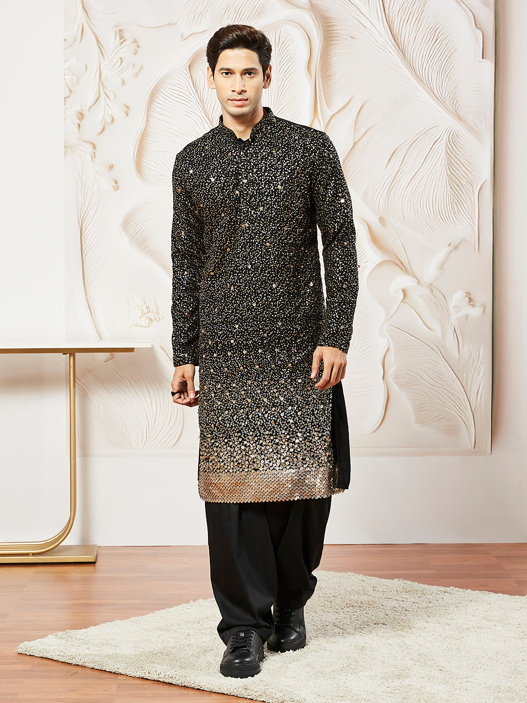 Men's Black Georgette Zari With Sequins Worked Kurta Patiala Set