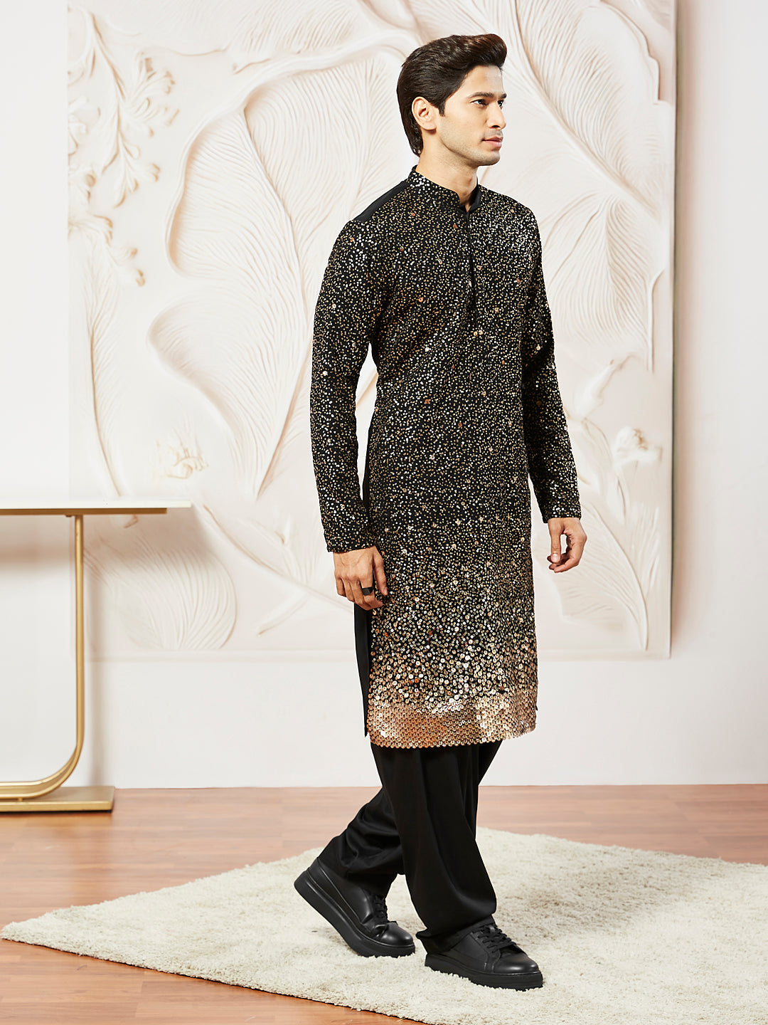 Men's Black Georgette Zari With Sequins Worked Kurta Patiala Set