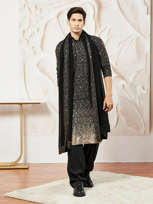 Men's Black Georgette Kurta Patiala And Dupatta Set
