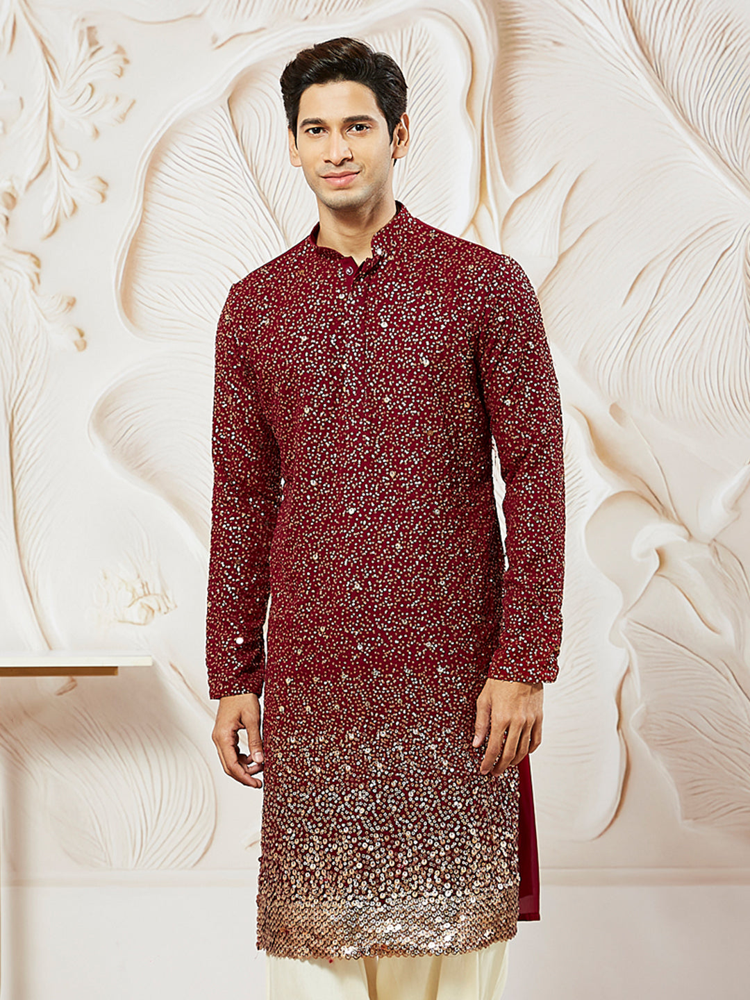 Men's Maroon Georgette Zari With Sequins Worked Kurta