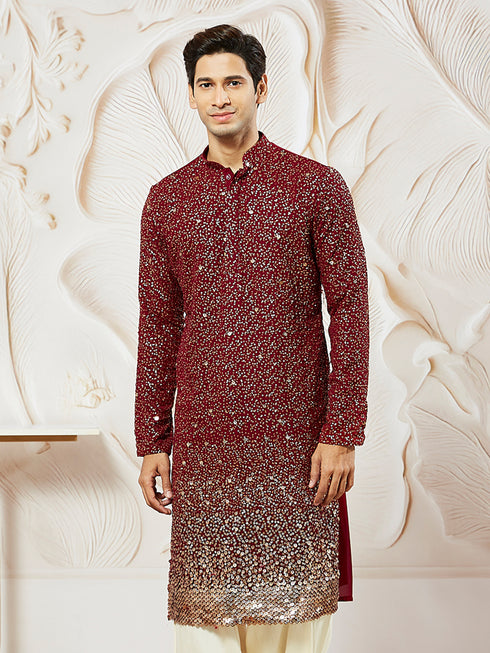 Men's Maroon Georgette Zari With Sequins Worked Kurta