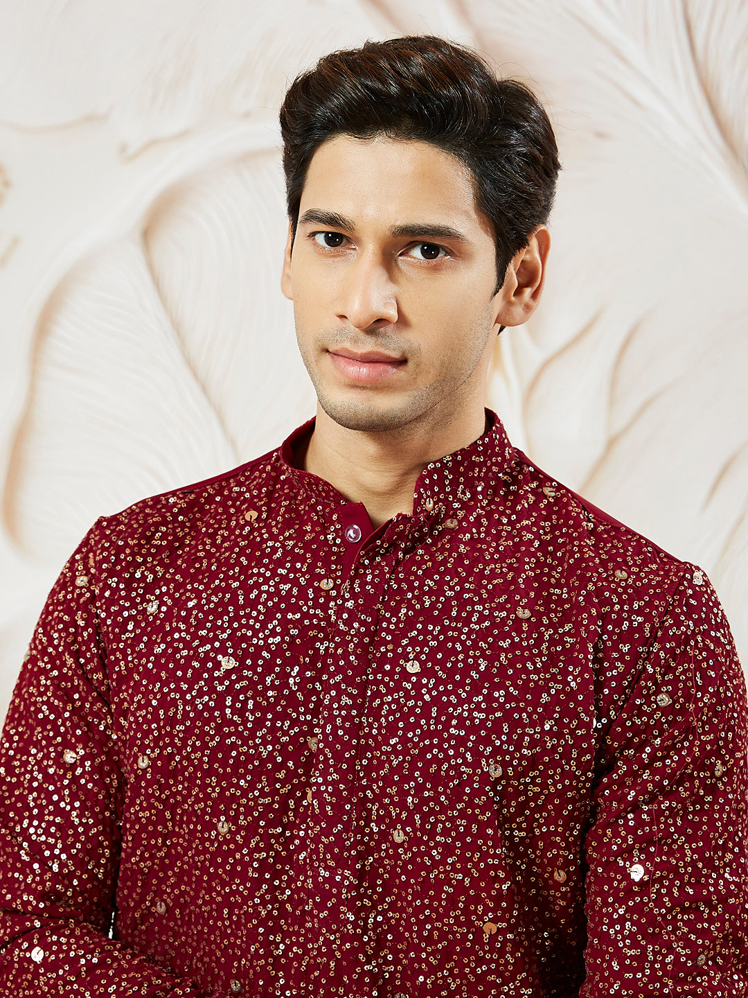 Men's Maroon Georgette Zari With Sequins Worked Kurta