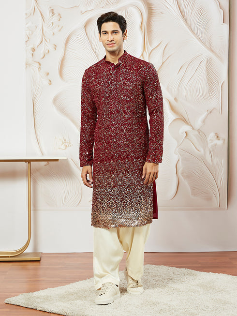 Men's Maroon Georgette Zari With Sequins Worked Kurta Patiala Set
