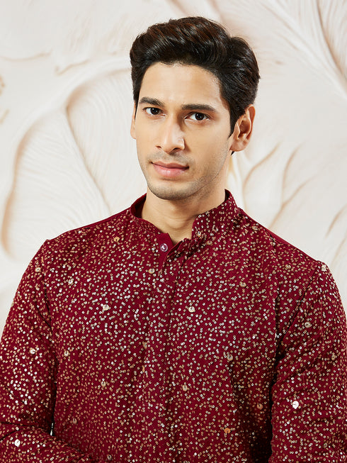 Men's Maroon Georgette Zari With Sequins Worked Kurta Patiala Set