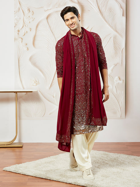 Men's Maroon Georgette Kurta Patiala And Dupatta Set