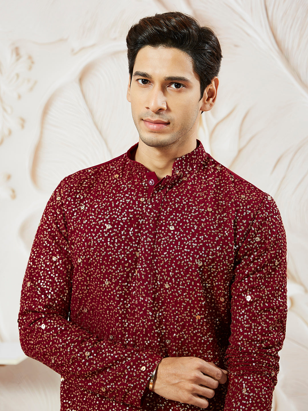 Men's Maroon Georgette Kurta Patiala And Dupatta Set