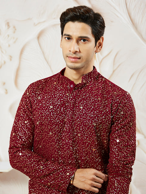Men's Maroon Georgette Kurta Patiala And Dupatta Set