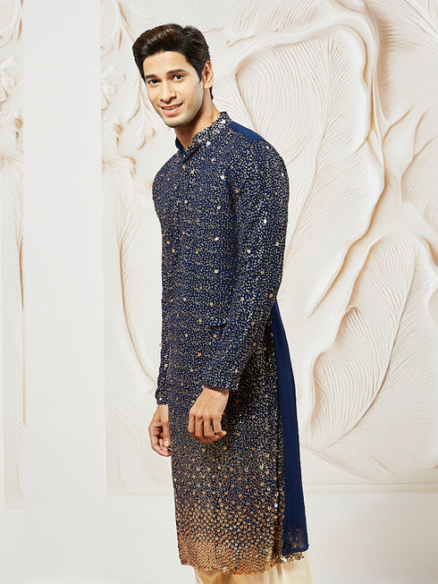Men's Navy Blue Georgette Zari With Sequins Worked Kurta
