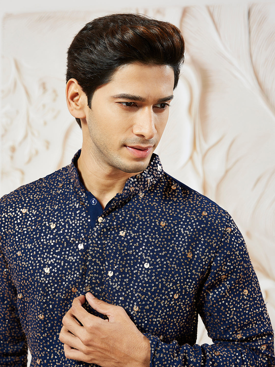 Men's Navy Blue Georgette Zari With Sequins Worked Kurta