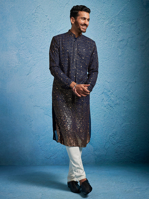 Men's Navy Blue And Cream Georgette Kurta Pyjama Set