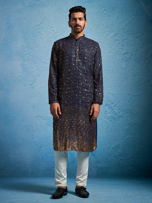 Men's Navy Blue And Cream Georgette Kurta Pyjama Set